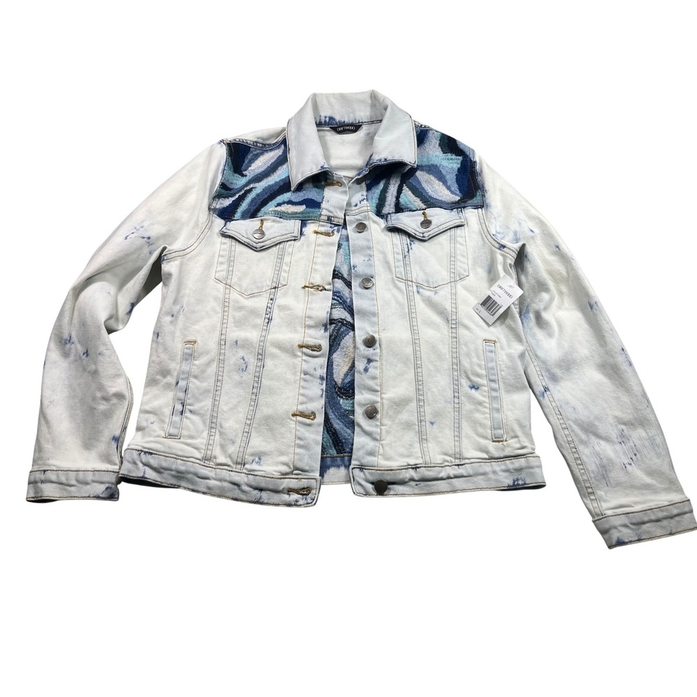 Driftwood Denim Jacket Womens L NWT Embroidered Blue Acid Wash Jean Trucker